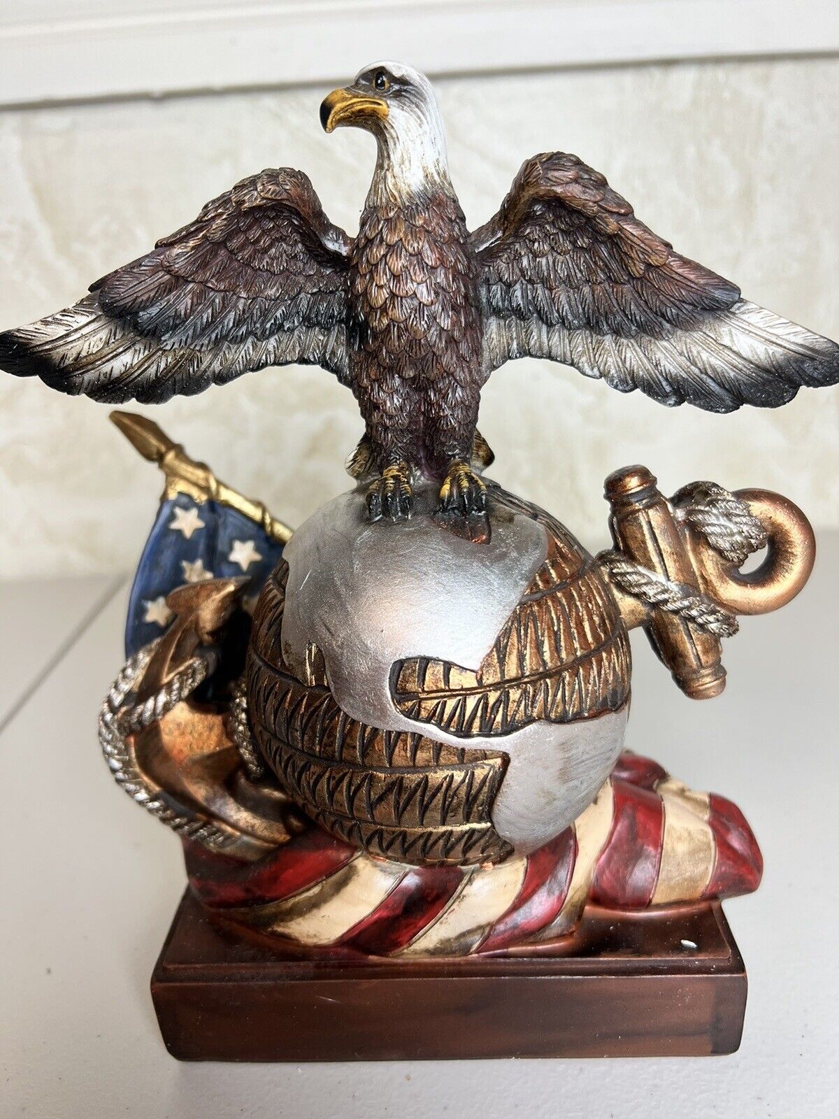 Patriotic Eagle on Globe Wings Spread American Flag Figurine Sculpture