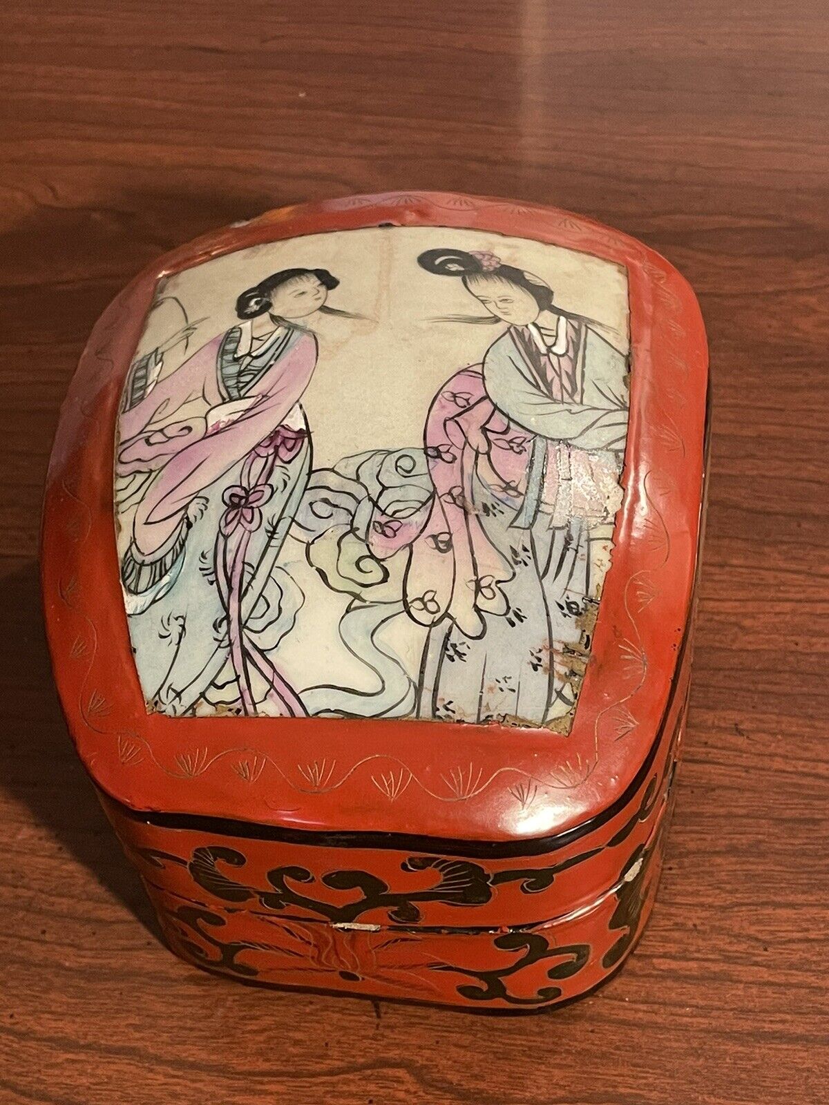 china old porcelain carved laquer ware art box large red vintage