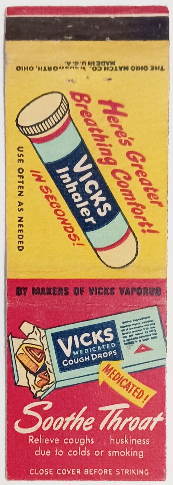 Vicks Medicated Cough Drops, Vicks Inhaler Vintage Matchbook Cover