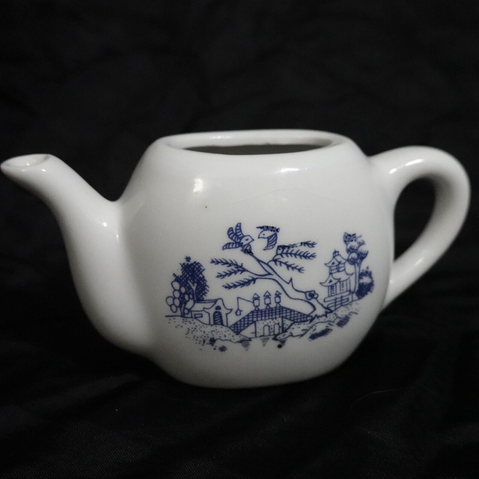 Vintage Japanese Blue White Hand Painted Pagoda Scene Miniature Tea Cup Teapot