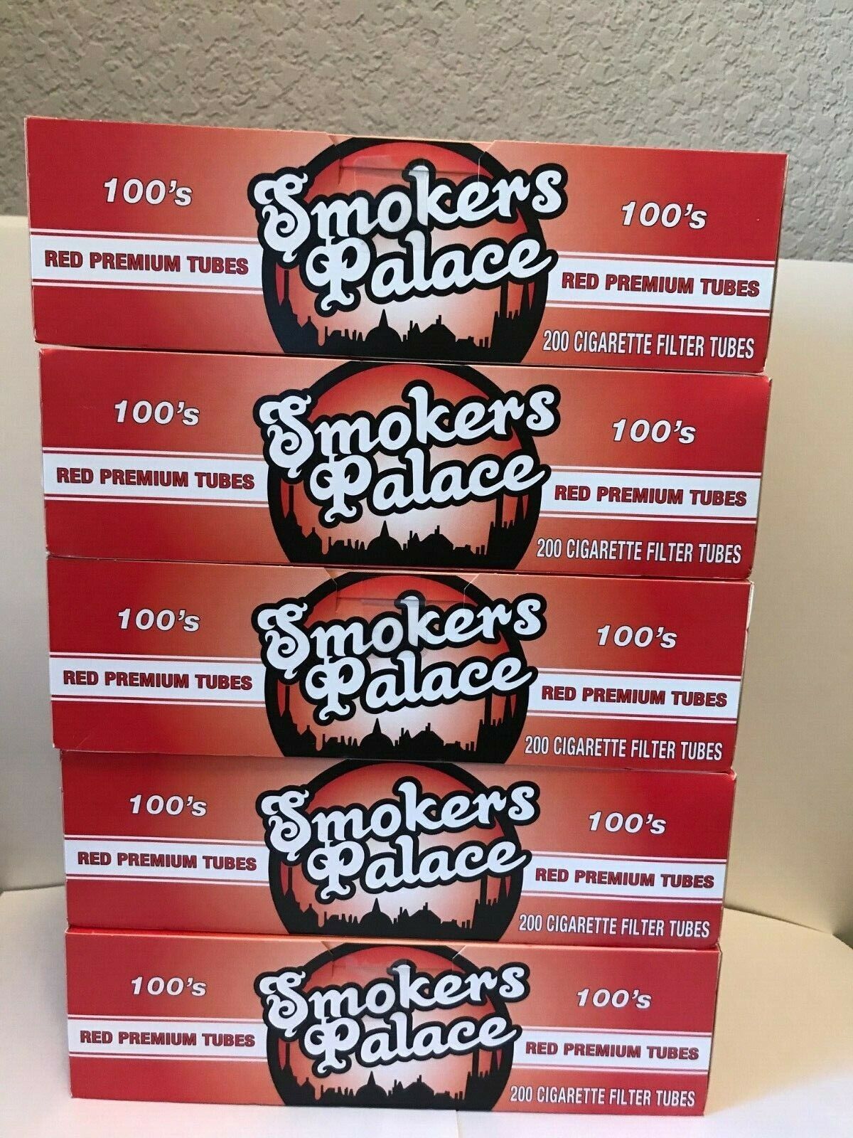 Smokers Palace Red 100's Size-5 Boxes Tubes 200 Cigarette Filter Tubes Each Box.