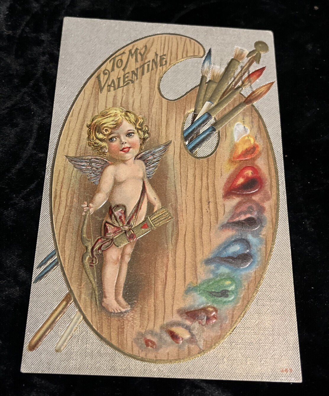 Valentine Fantasy Cupid Painter\'s Palette Brushes Artist c1910 Antique Postcard