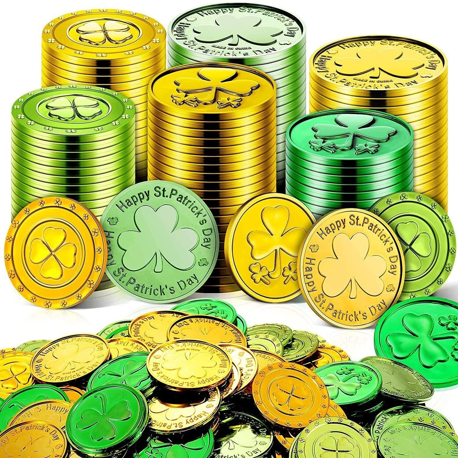 St. Patrick's Lucky Coins Plastic Shamrock Leprechaun 3-Leaf Clover Coins 100pcs
