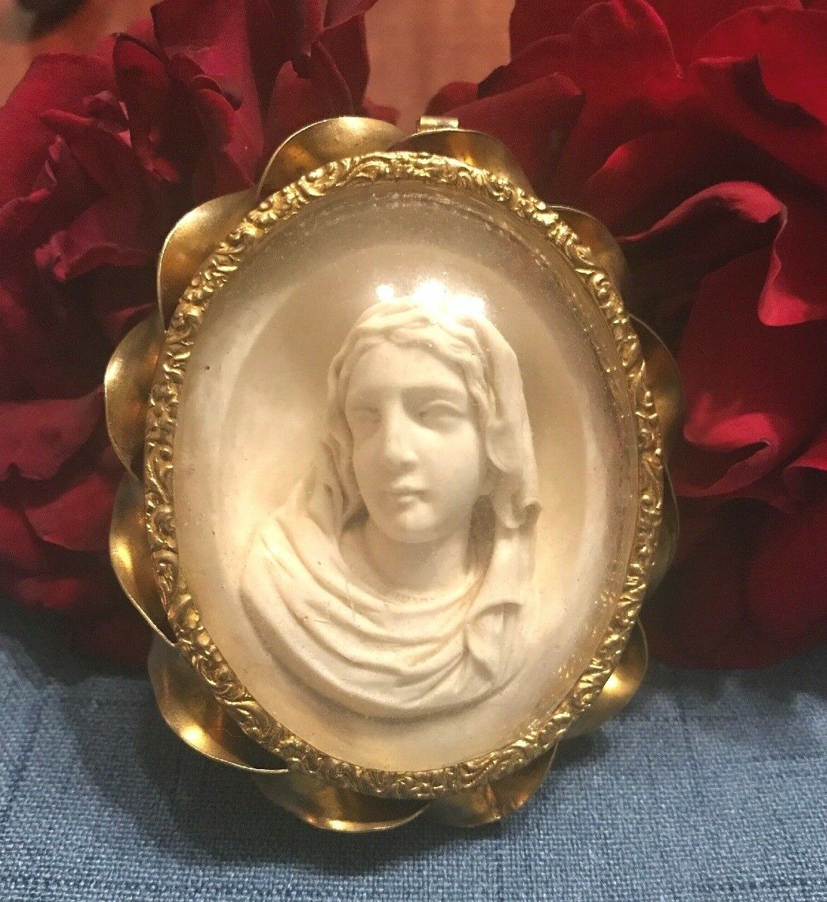 Rare Antique VIRGIN MARY CARVING IN GILDED METAL FRAME RARE Large 1861