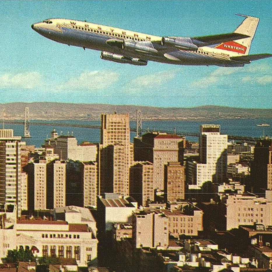 Western Airlines Boeing 720 Flying San Francisco Oakland CA Bay Bridge Postcard