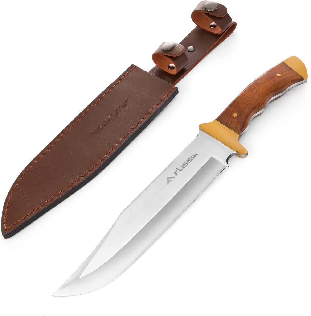 FLISSA 14-inch Bowie Hunting Knife Full-Tang with Leather Sheath Rosewood Handle