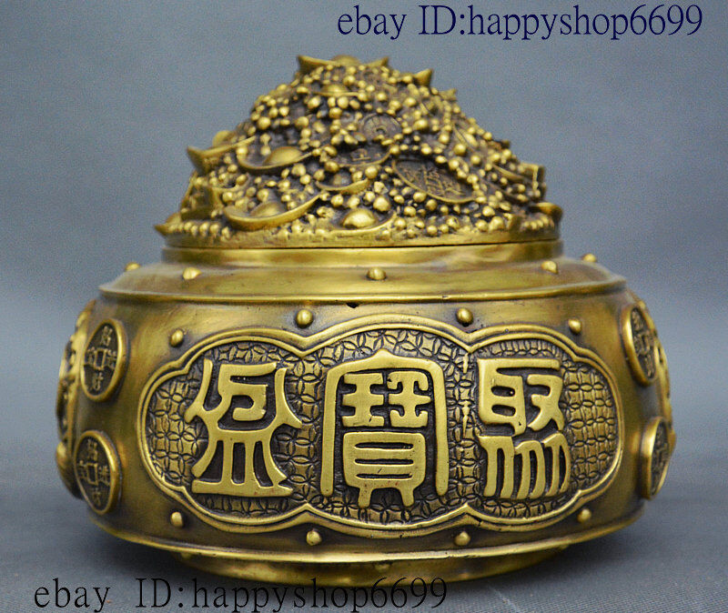 China Pure Brass Copper Feng shui Treasure Bowl Wealth Yuanbao Money Coin Statue