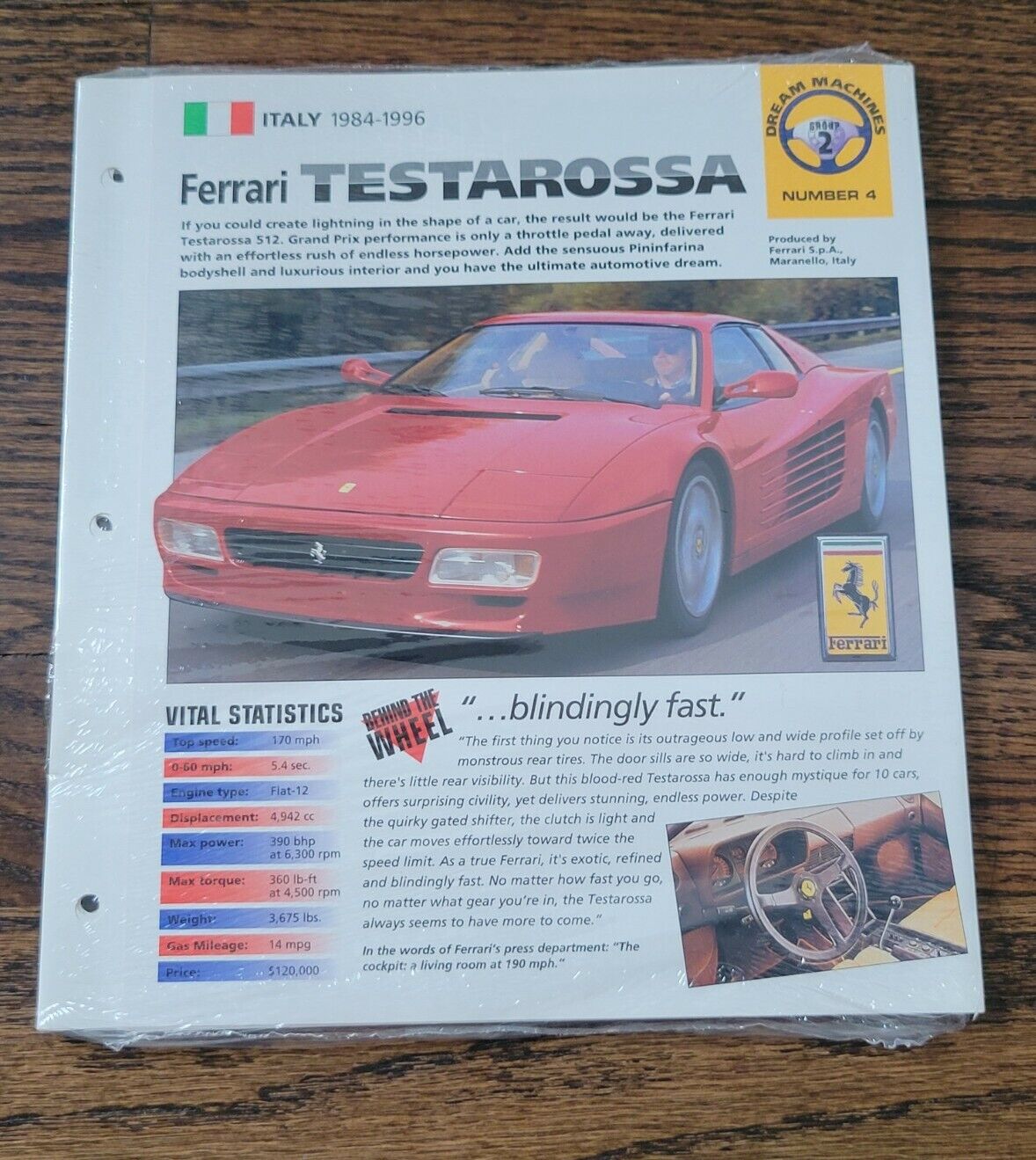 Ferrari Testarossa (Italy 1984-96) Spec Sheet 1998 HOT CARS Dream Machines #2.4