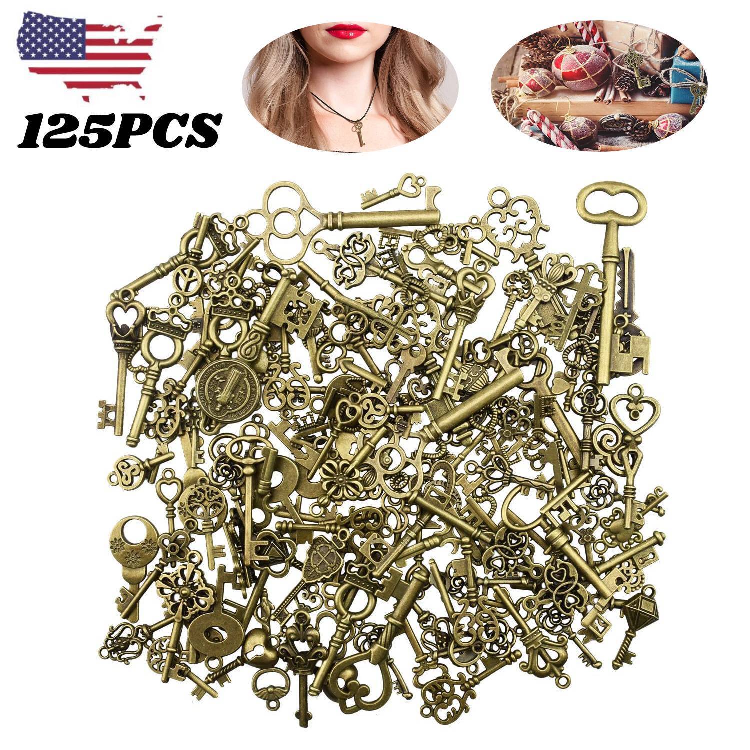 125 Packs Antique Vintage Decorative Skeleton Key Fancy Heart Bow Pendants USA