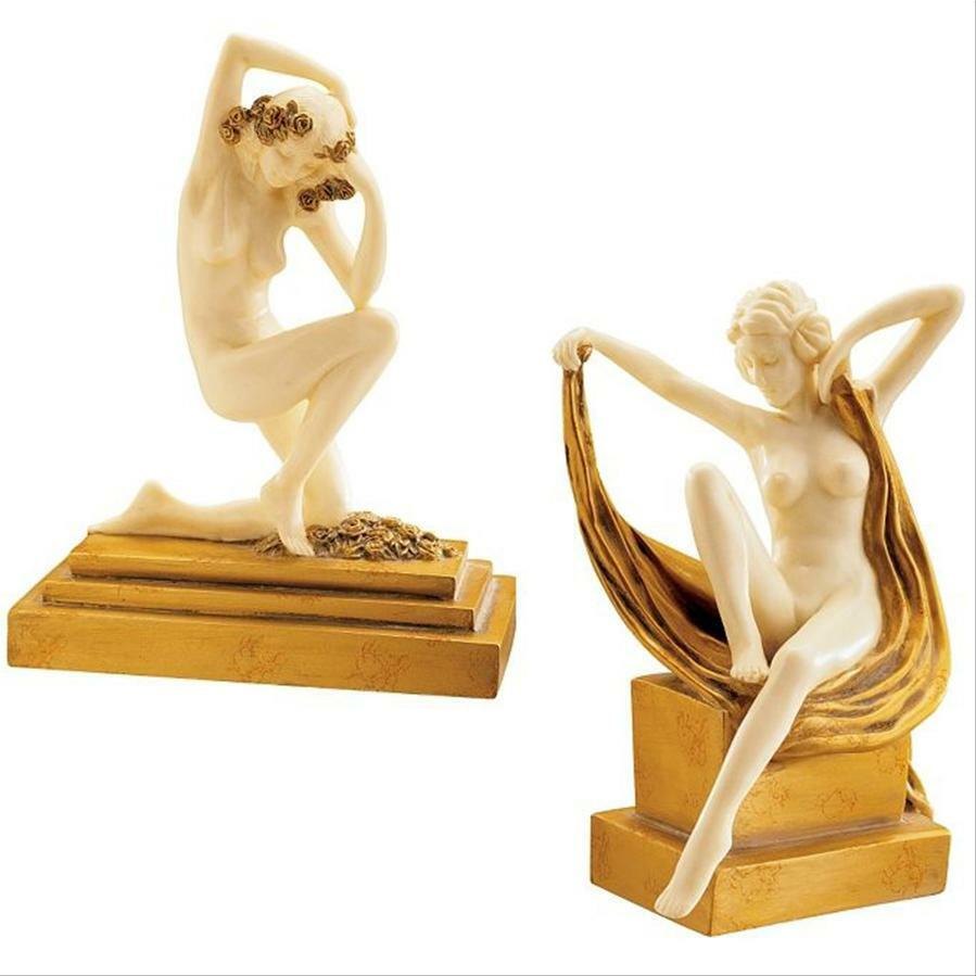 Set of 2: 1920s Art Deco Style Nude Graceful Sitting & Kneeling Woman Statues