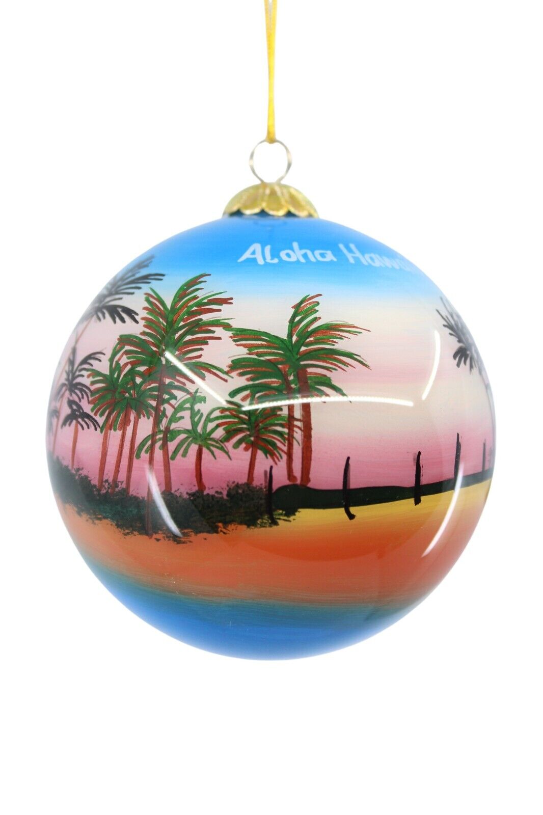 Hawaiian Christmas Ornament - Hand Painted Glass w Box - Palm Tree, Sunset