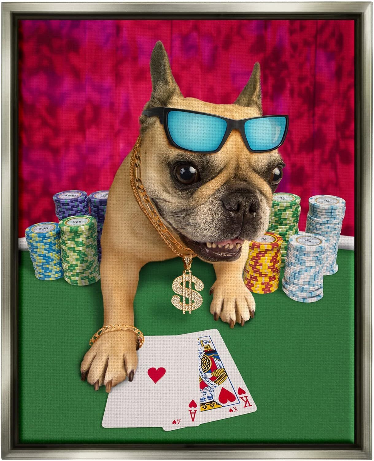 Stupell Industries Cool French Bulldog Gambling 24 x 30, Grey Floater Framed 