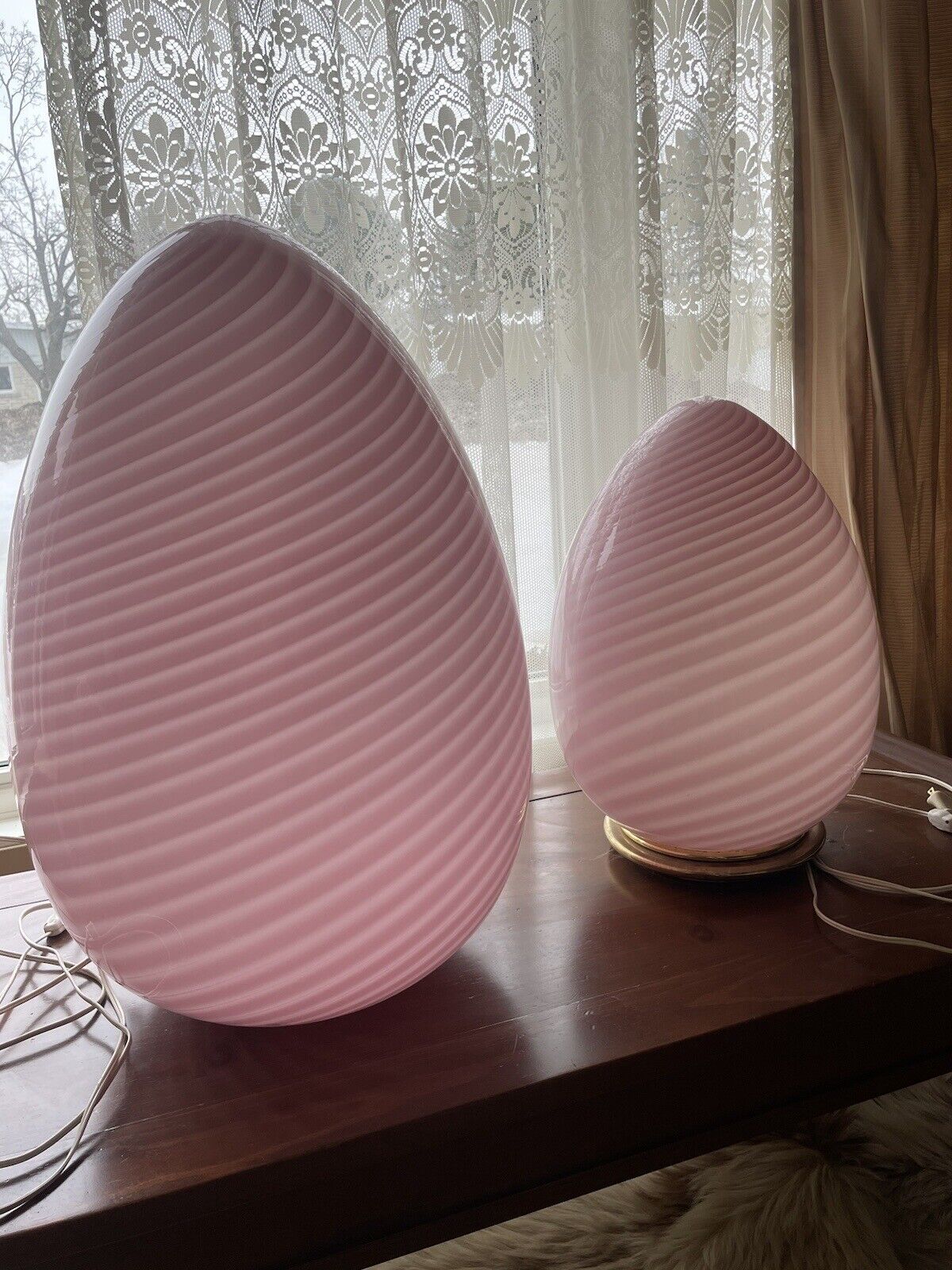 Magnificent Pair Of Mid Century Murano Pink Spiral Egg Lamps 100% Vintage