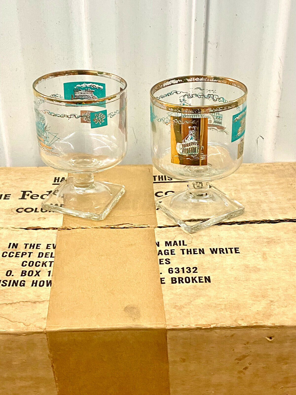 8 Mid Century Vintage Federal Glass Gold Aqua Steamboat Glasses W/ Original Box