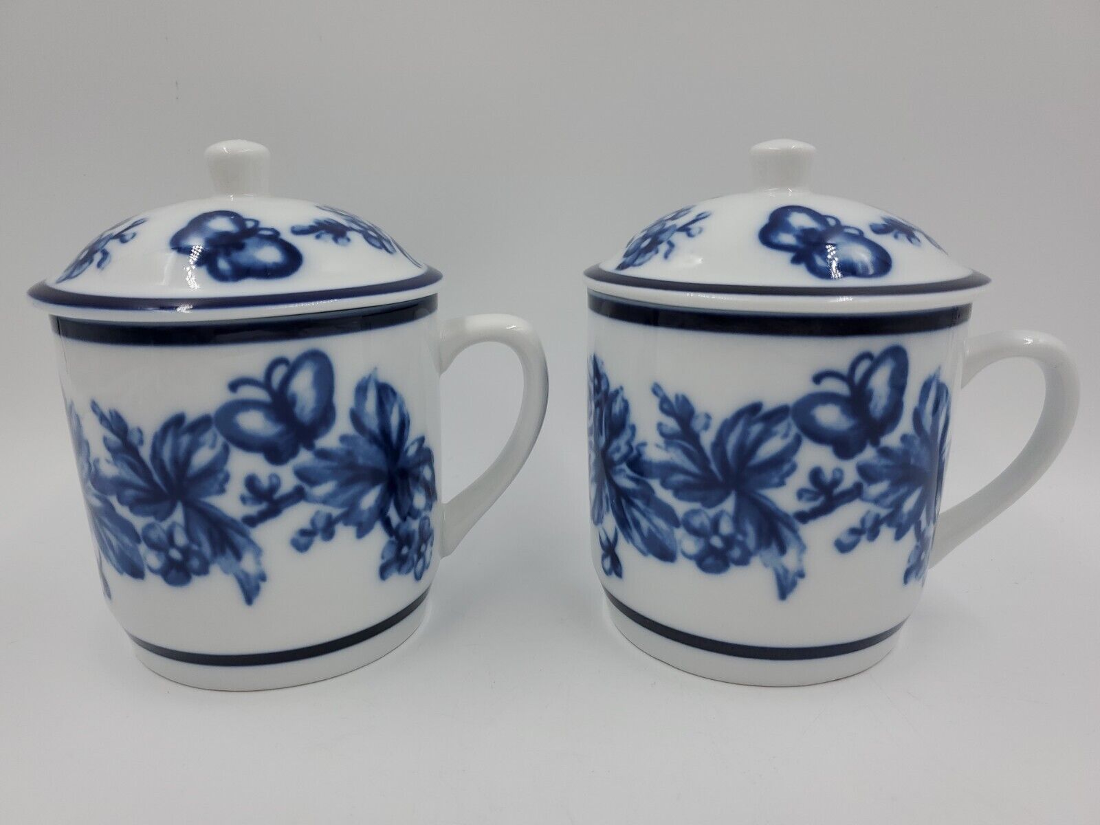 Williams  Sonoma Tea Cup Coffee Mug With Lid Flow Blue Flowers Butterflies Set/2