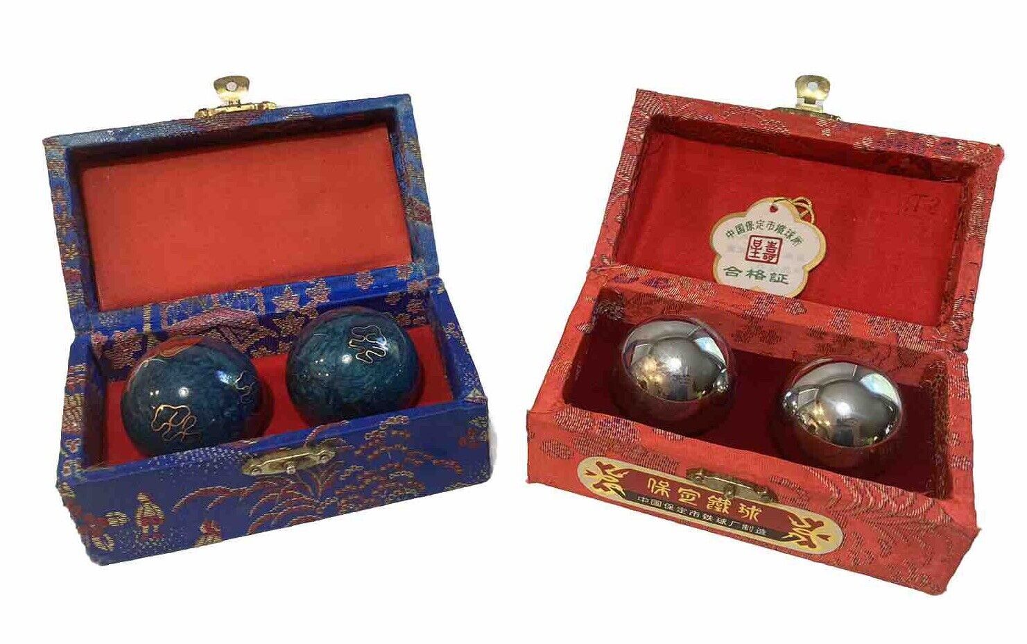 Lot of (2) Musical Baoding Balls Health Stress In Decorative Boxes Vintage China