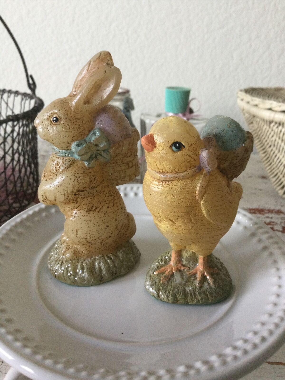 Sweet Vintage WAX Bunny & Chick Figurines w Glitter - Easter Decor Basket Filler