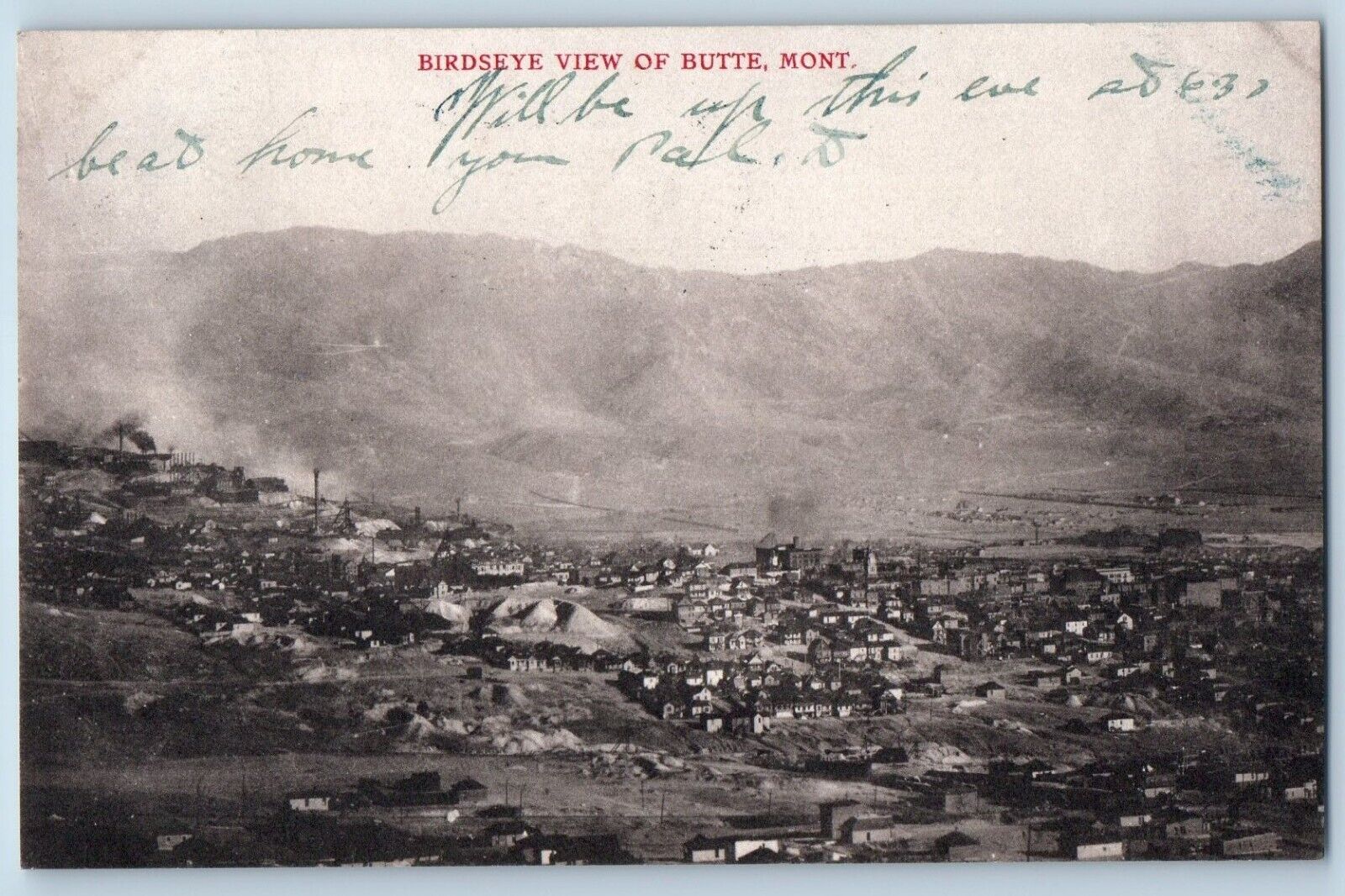 Butte Montana MT Postcard Bird\'s Eye View Mountain Building Houses 1906 Antique