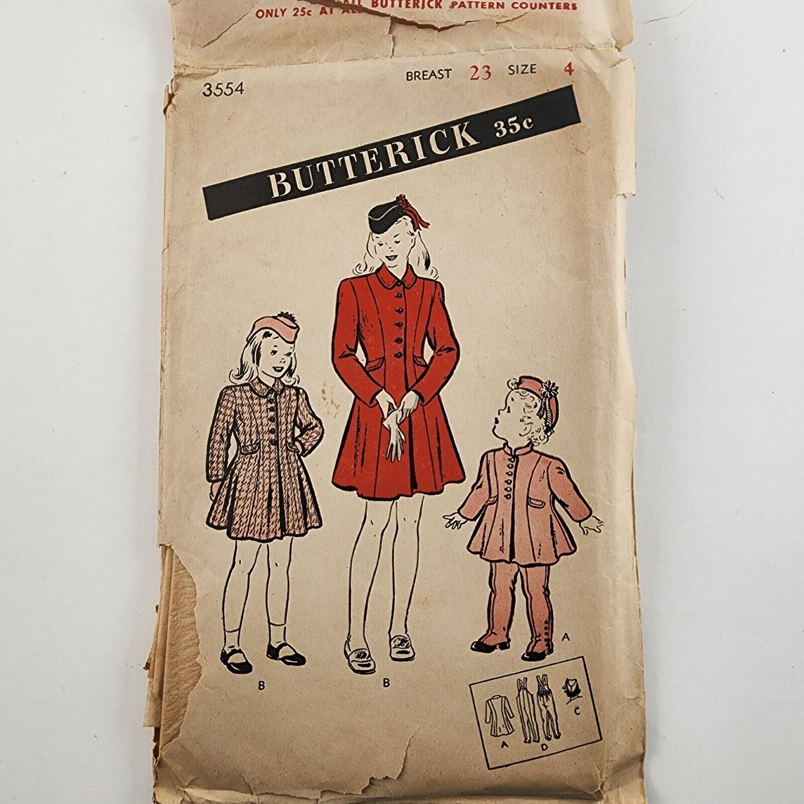 Butterick 3554 Vintage Sewing Pattern 1940's Girls Coat Hat & Leggings Size 4