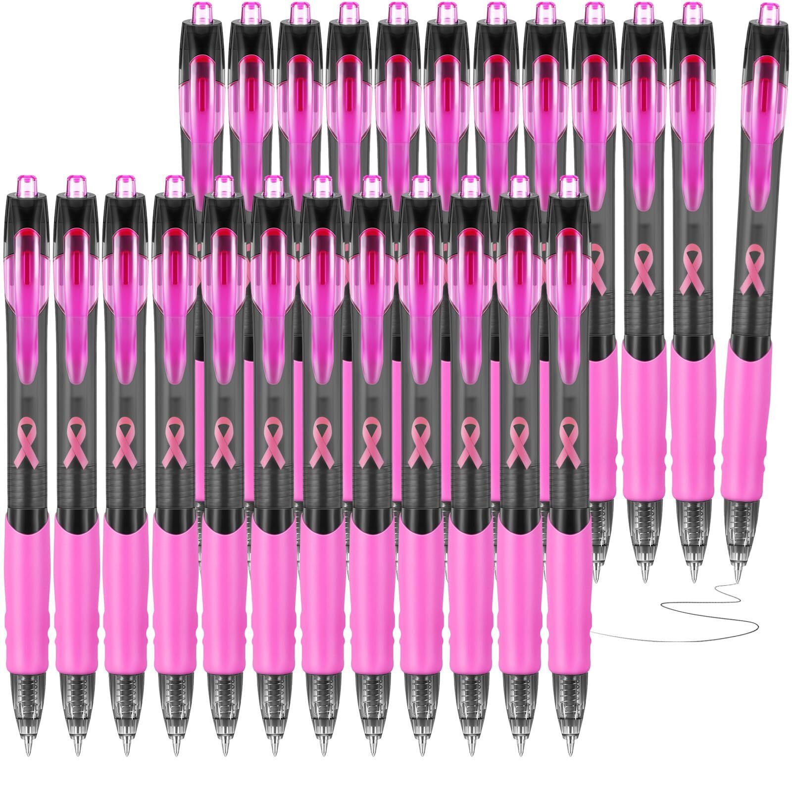 Yeaqee 24 Pieces Breast Cancer Awareness Retractable Pink Pens Pink Ribbon Ba...
