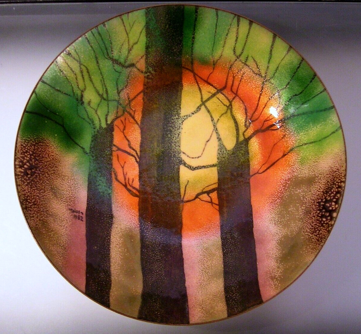 Vintage MCM Enamel on Copper Abstract Forest Bowl Signed