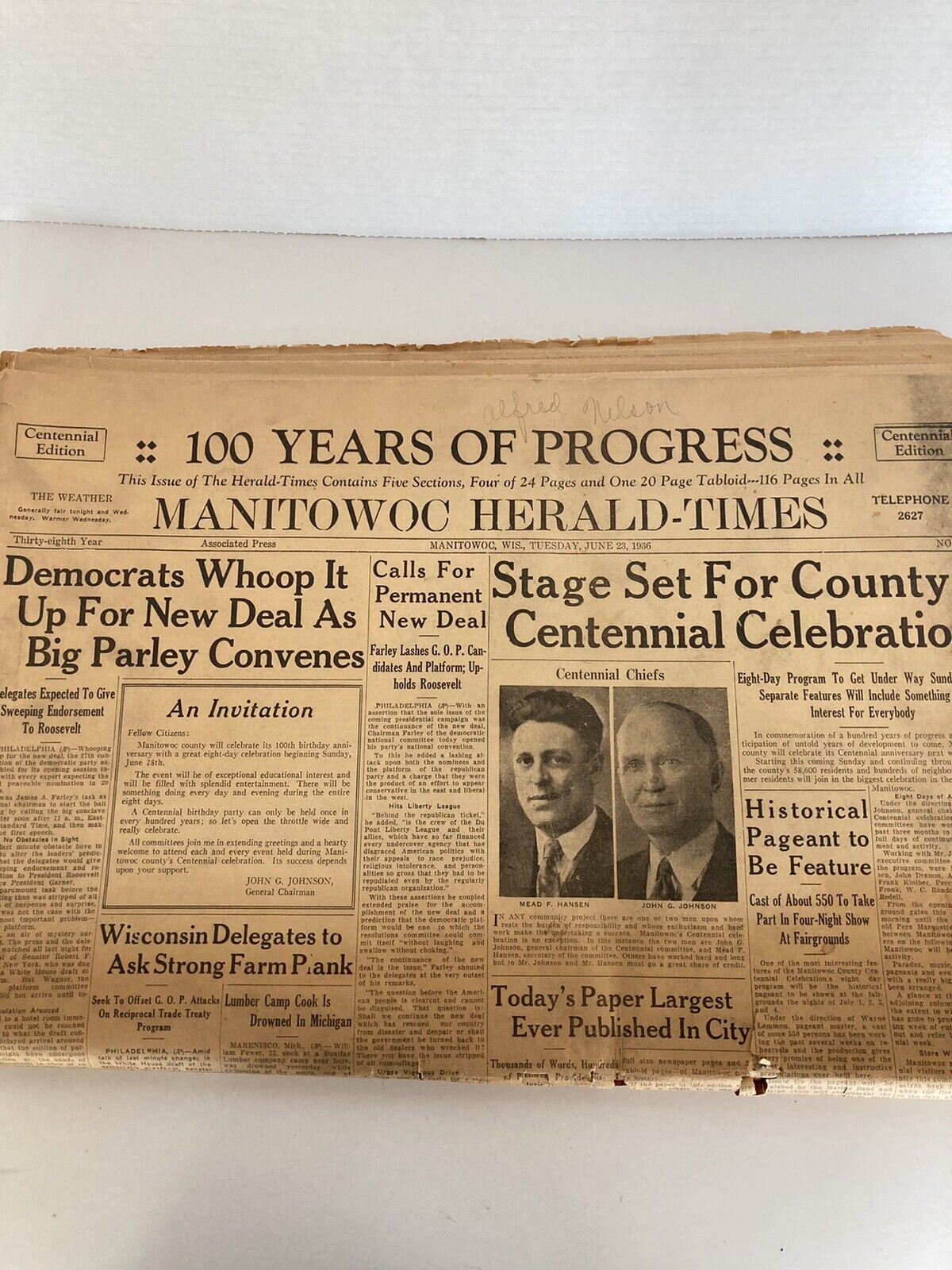 MANITOWOC Herald Times WISCONSIN Newspaper June 23, 1936 BIG Centennial Edition