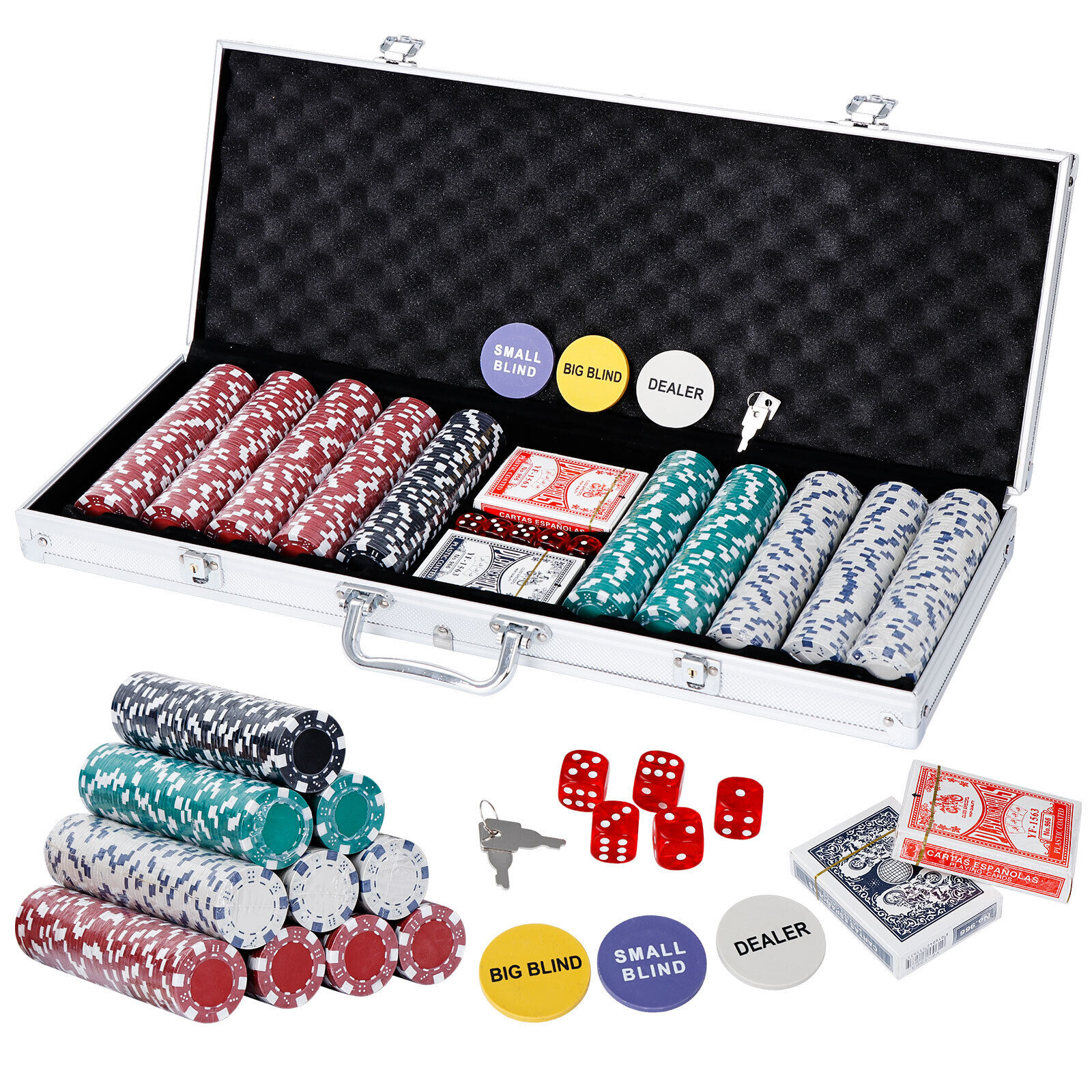 500PCS Chips Poker Dice Chip Texas Blackjack Cards Game Aluminum Case 11.5 Gram