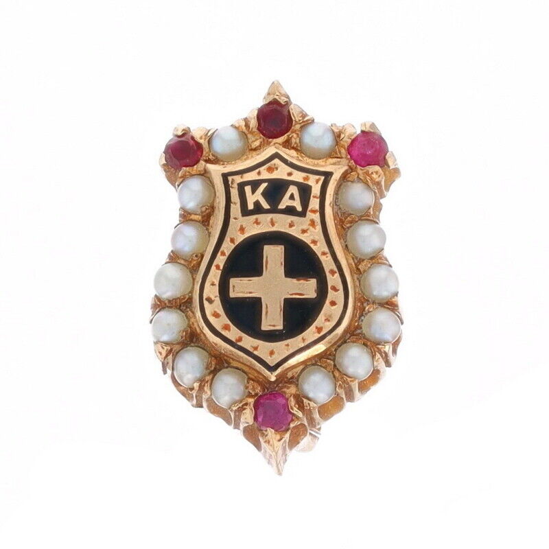Yellow Gold Kappa Alpha Order Badge - 14k Ruby Pearl 1910s-1920s Fraternity Pin