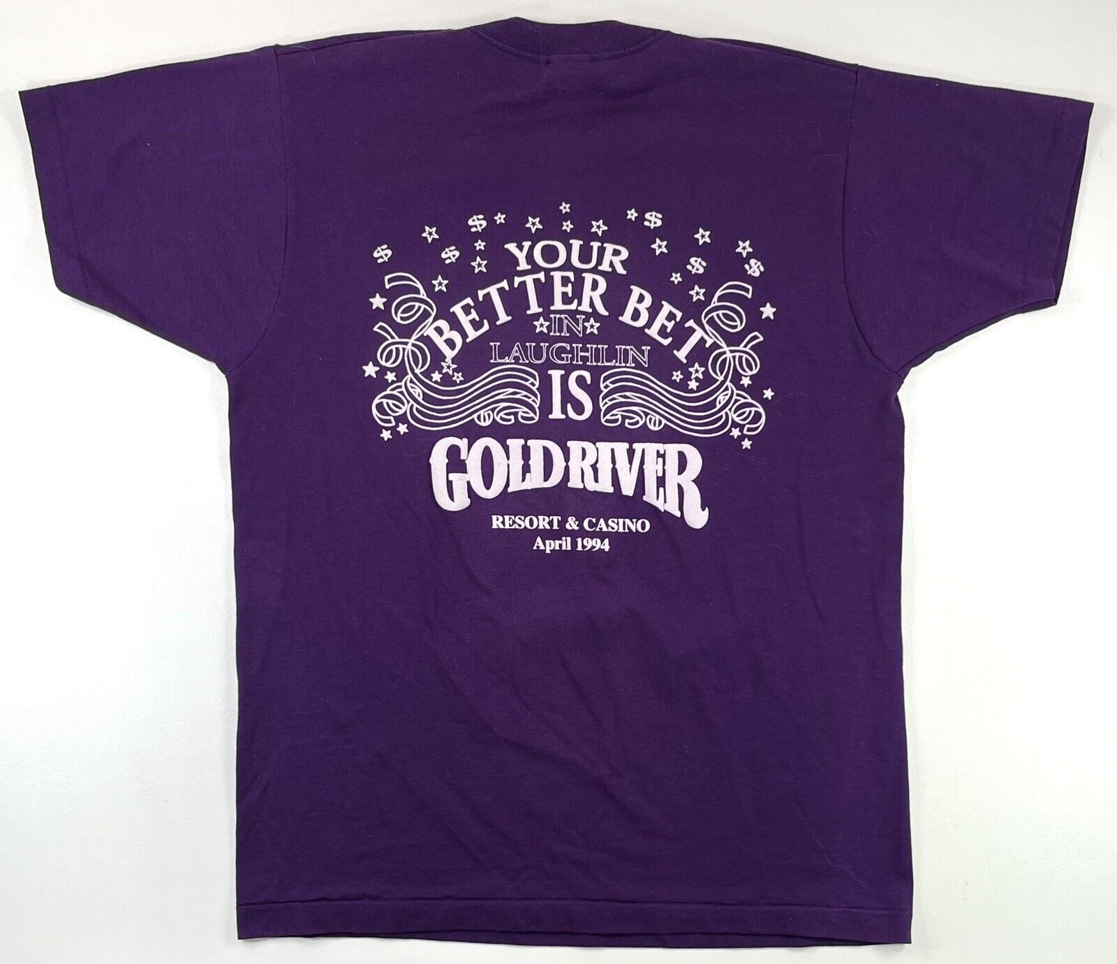 Vintage 1994 Gold River Casino Laughlin Nevada Mens Purple Print T Shirt Size L