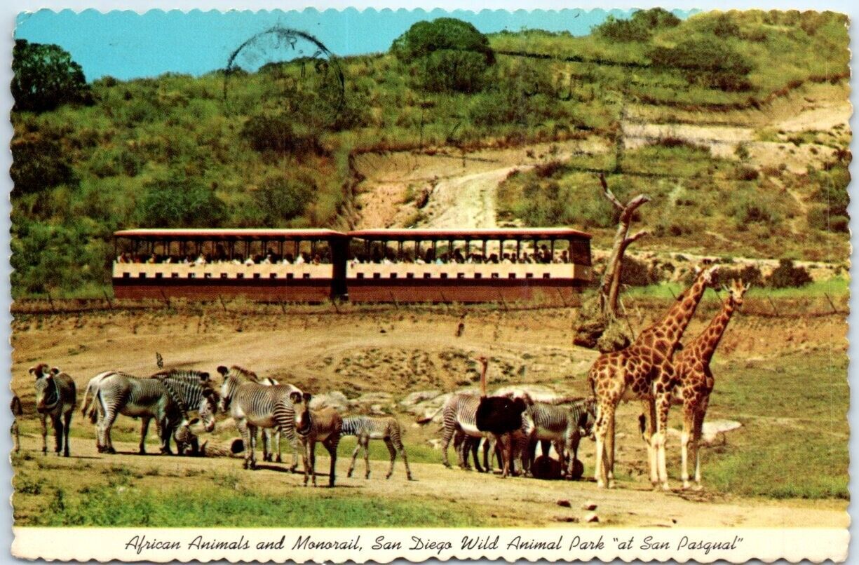 Postcard - African Animals and Monorail, San Diego Wild Animal Park - California