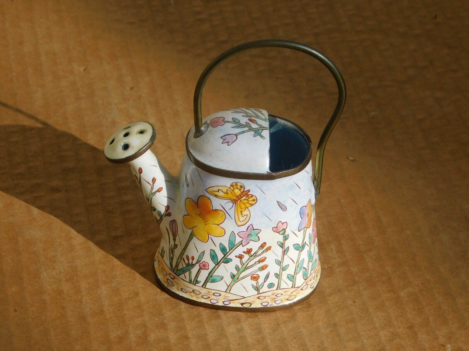 Vintage Chinese Miniature Cloisonné Hand Painted Flowers Garden Watering Can 3\