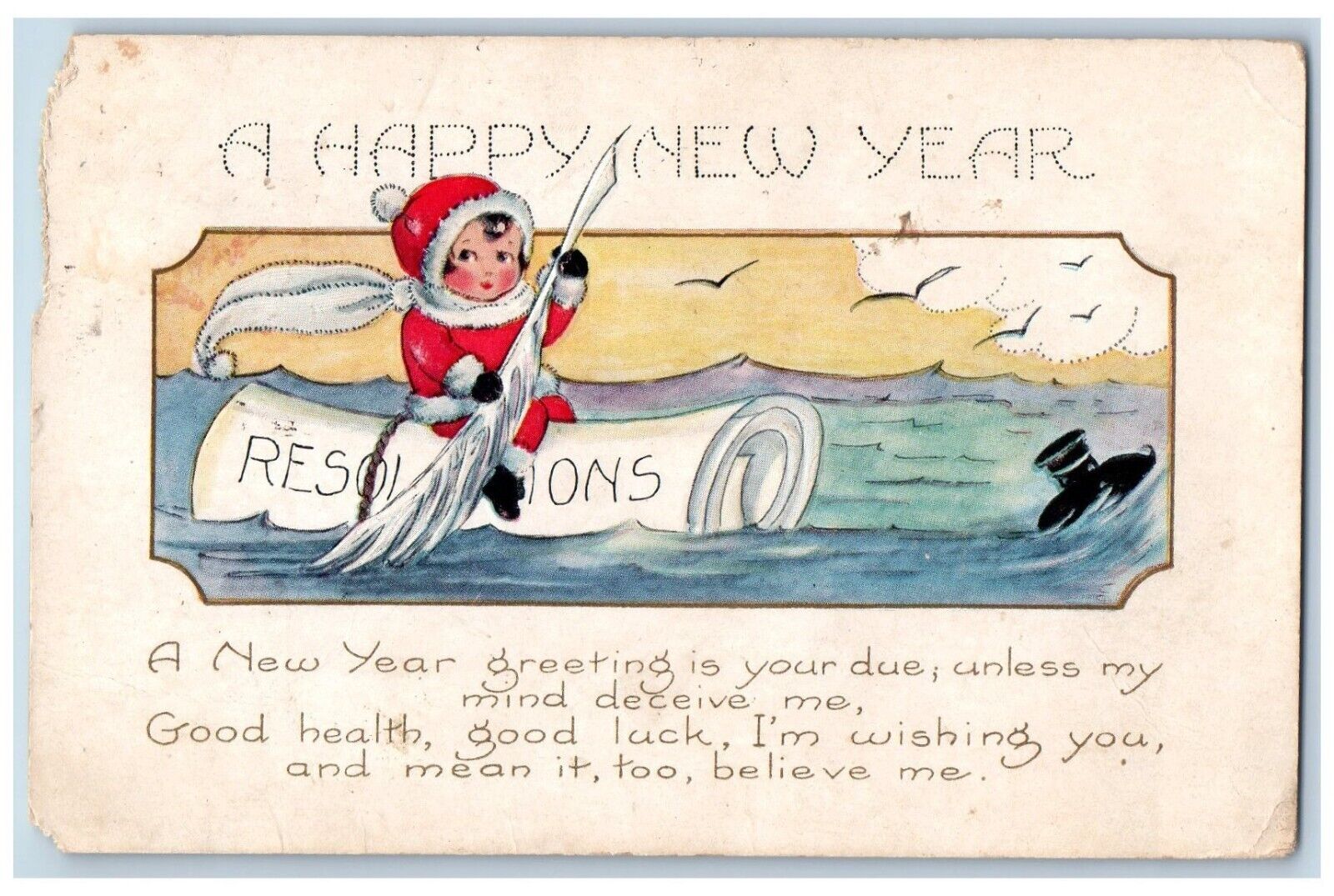 New Year Postcard Greetings Little Kid Boating Embossed Rochelle IL 1922 Vintage