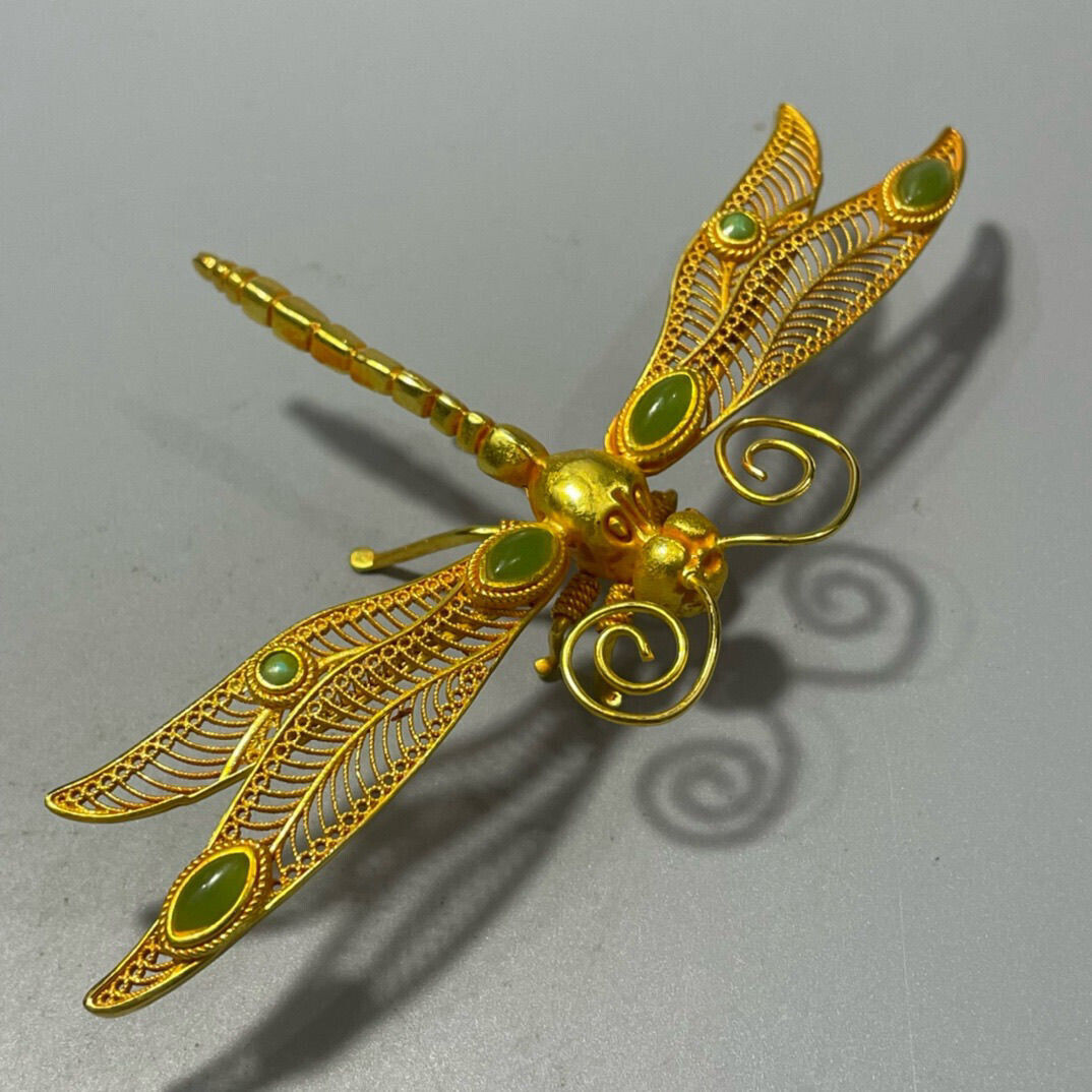 5.1″ Noble Brass copper filigree Lifelike dragonfly gilt gold Statue inlay gem