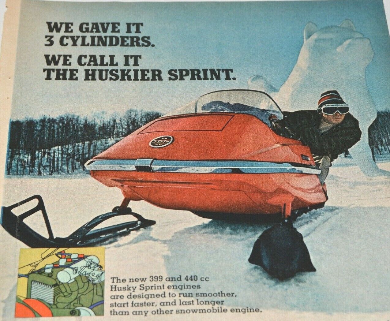 Bolens Snowmobile 1970 Vintage Print Ad Husky Sprint 399 440 CC Fly This Winter