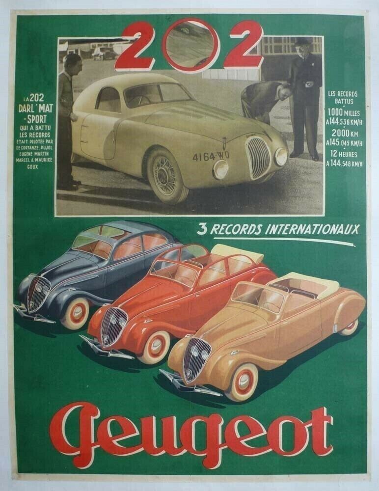 Peugeot poster 1947 202 Dal\'Mart 3 World Record Braker & Two-Door Cabriolet Cars