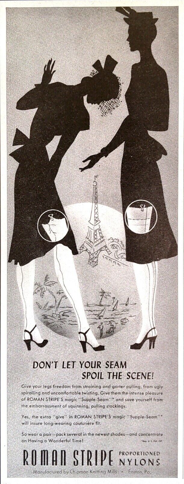 1947 Roman Strip Strip Nylons Supple-Seam Paris Landscape Vintage Print Ad