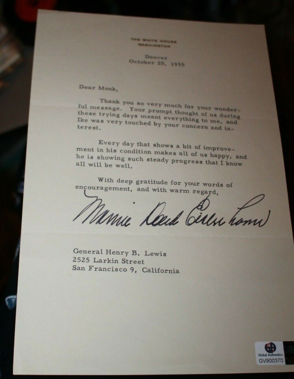 Signed Letter Mamie Eisenhower to MG General Lewis Ike\'s heart attack 1955