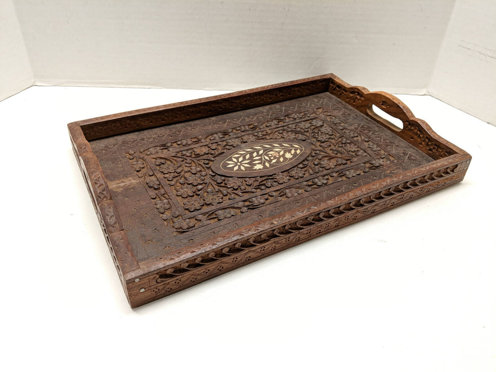 Vintage Carved Wood Serving Tray with Handles Floral Inlay 15x10
