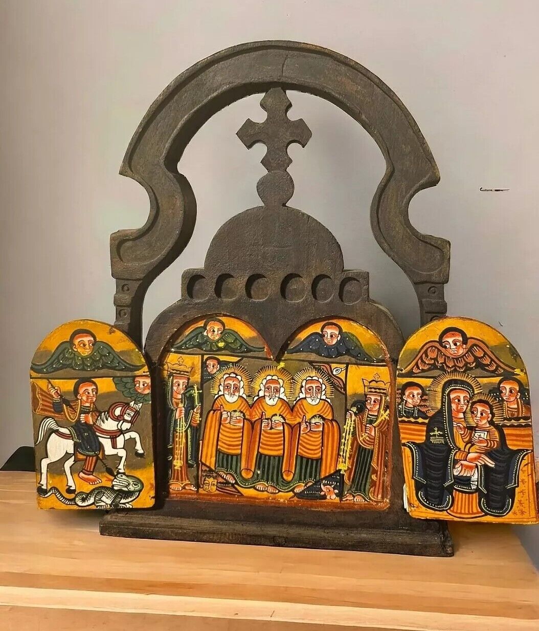 Vintage Hand made Ethiopian Wooden Icon  Cross Hand Painted Ethiopia African Art