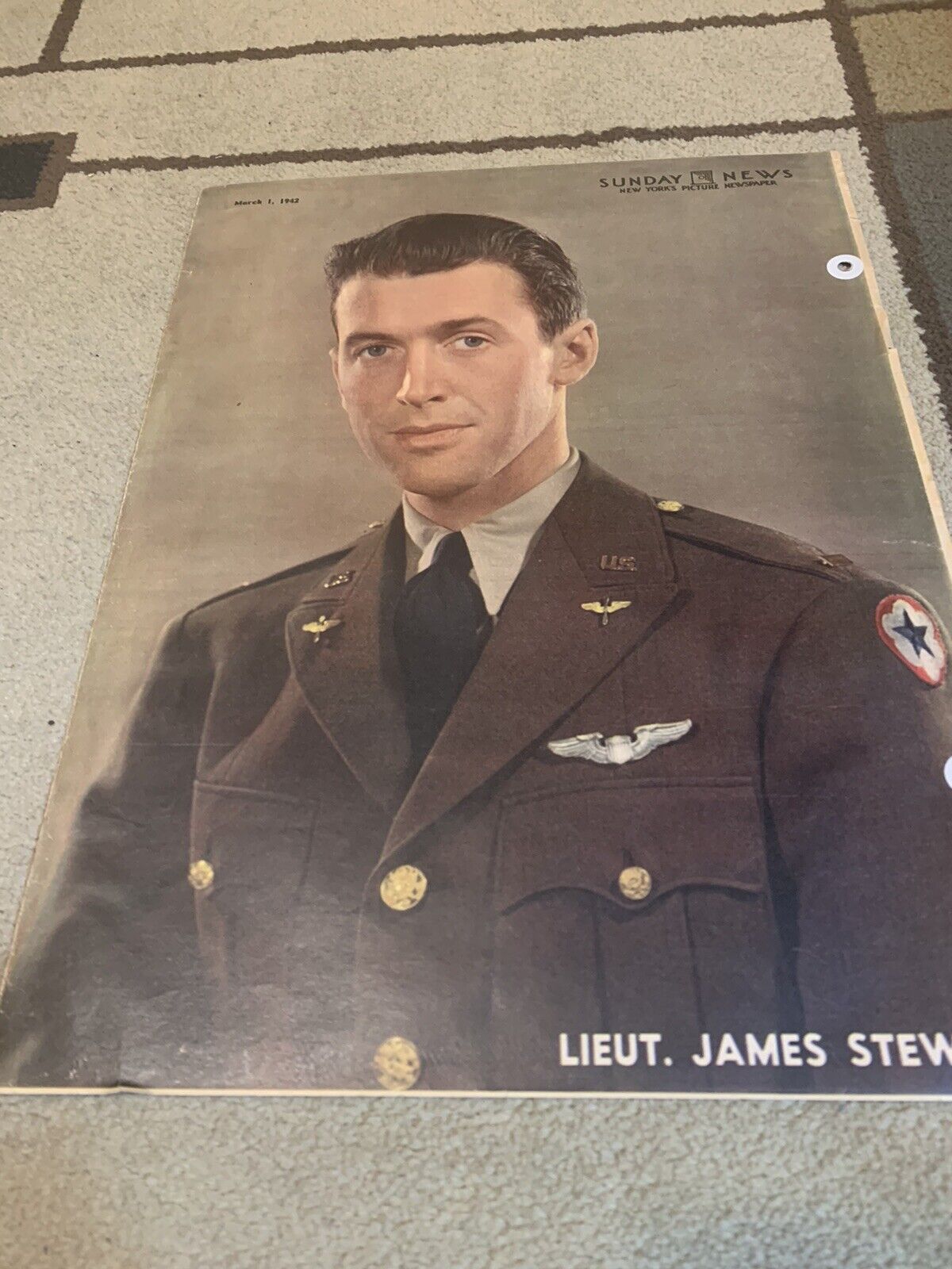 JAMES JIMMY STEWART ARMY original color portrait SUNDAY NEWS 3/1/42 RARE