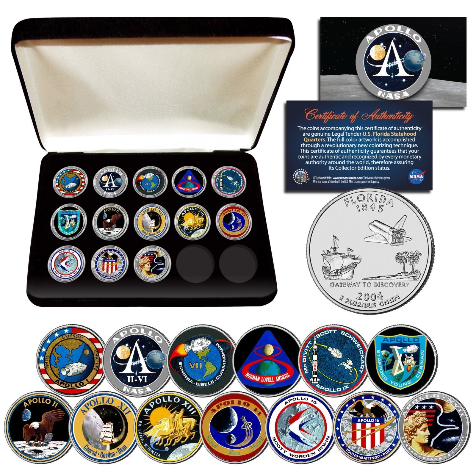 APOLLO SPACE MISSIONS U.S. Quarters 13-Coin Complete Set NASA PROGRAM w/ BOX