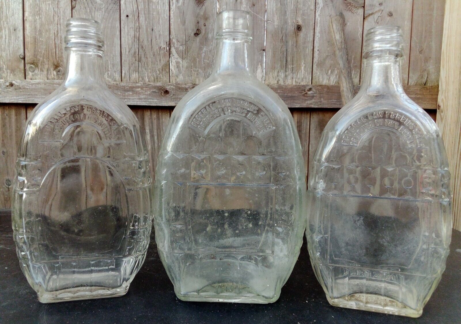 3 Nice Fancy Art Deco Whiskey Bottle Lot Nicer  1930s Rye Bourbon Pint Clear 