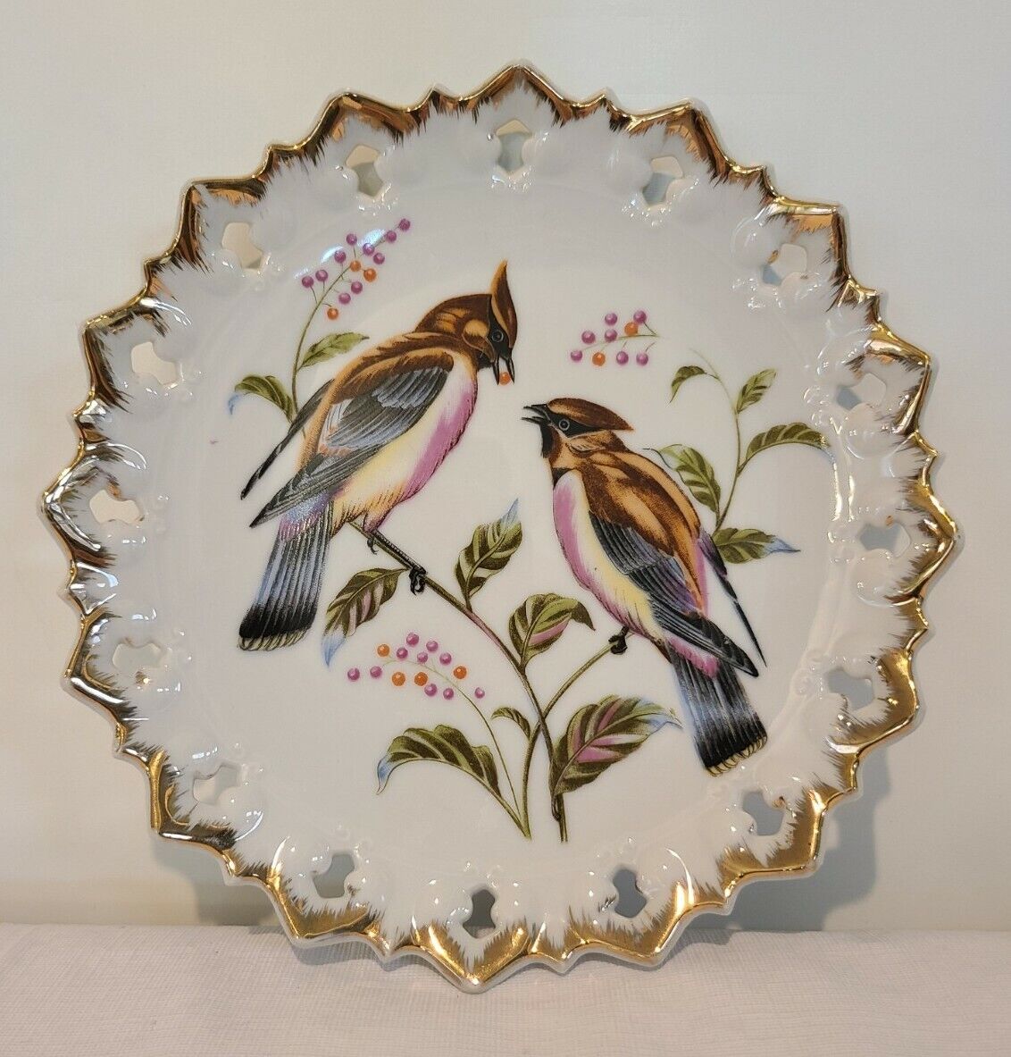 Vintage Victoria Ceramics Birds & Berries Pierced Plate With Gold Edge