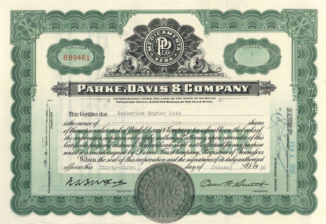 Parke, Davis and Co. - 1930's dated Pharmaceutical Company Stock Certificate - M