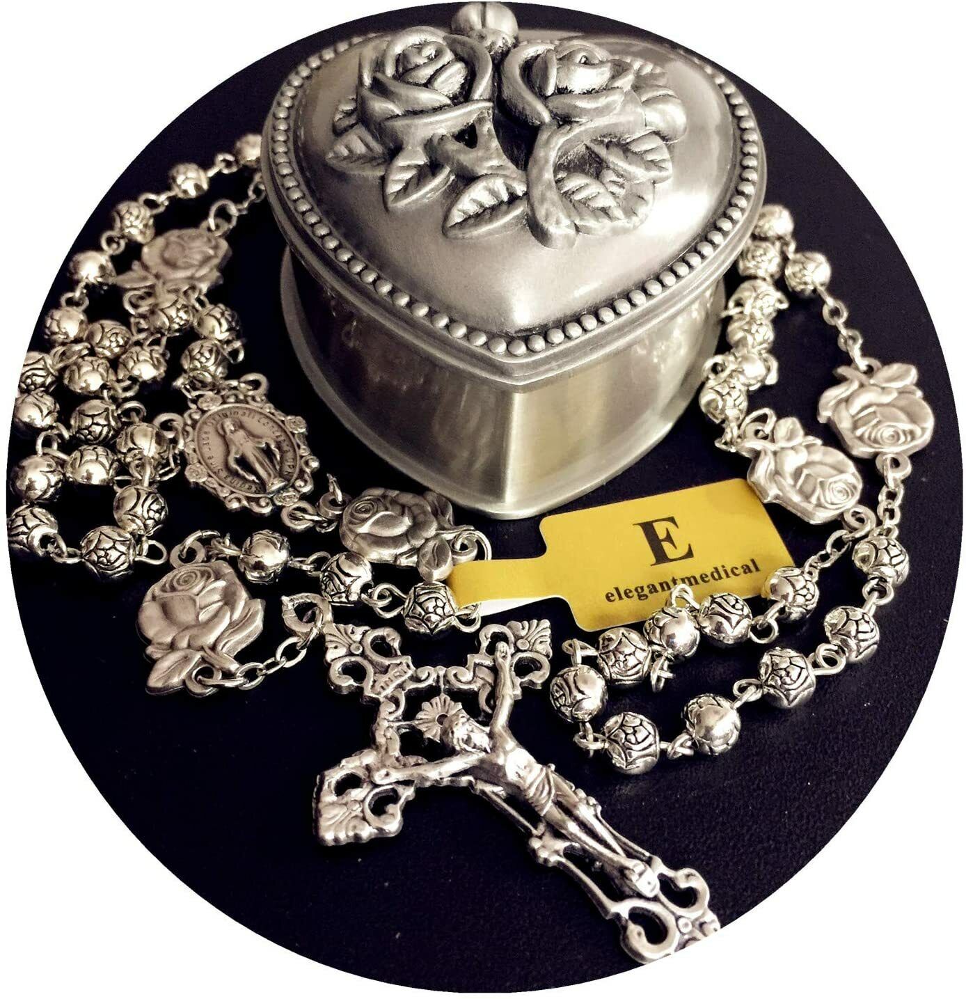 Silver rose beads Catholic 5 DECADE Rosary case Cross Gift Box Italy crucifix