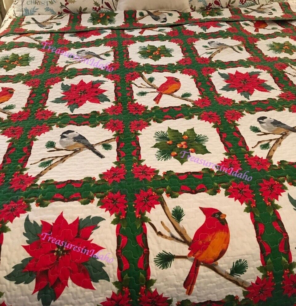 Beautiful  Quilt Holiday Red Poinsettias Cardinals Green Holly Chickadee 2 sided