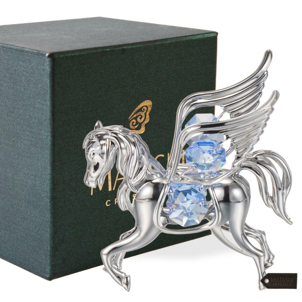 Matashi Chrome Plated Silver Pegasus Ornament with Blue Crystals Christmas Gift