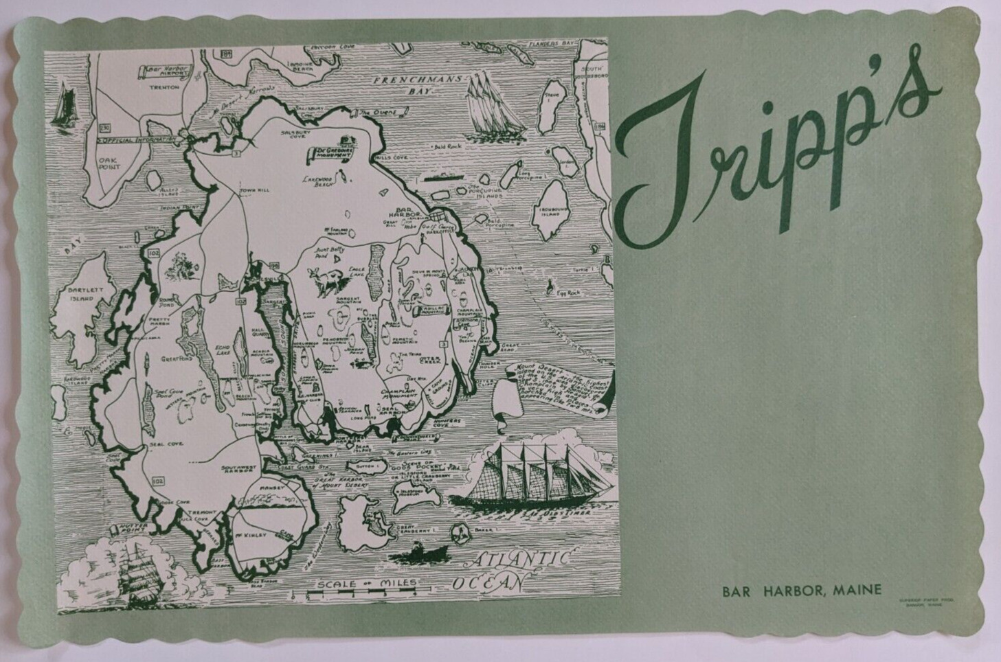 Vintage Paper Souvenir Placemat- Tripp\'s Restaurant Bar Harbor ME Maine