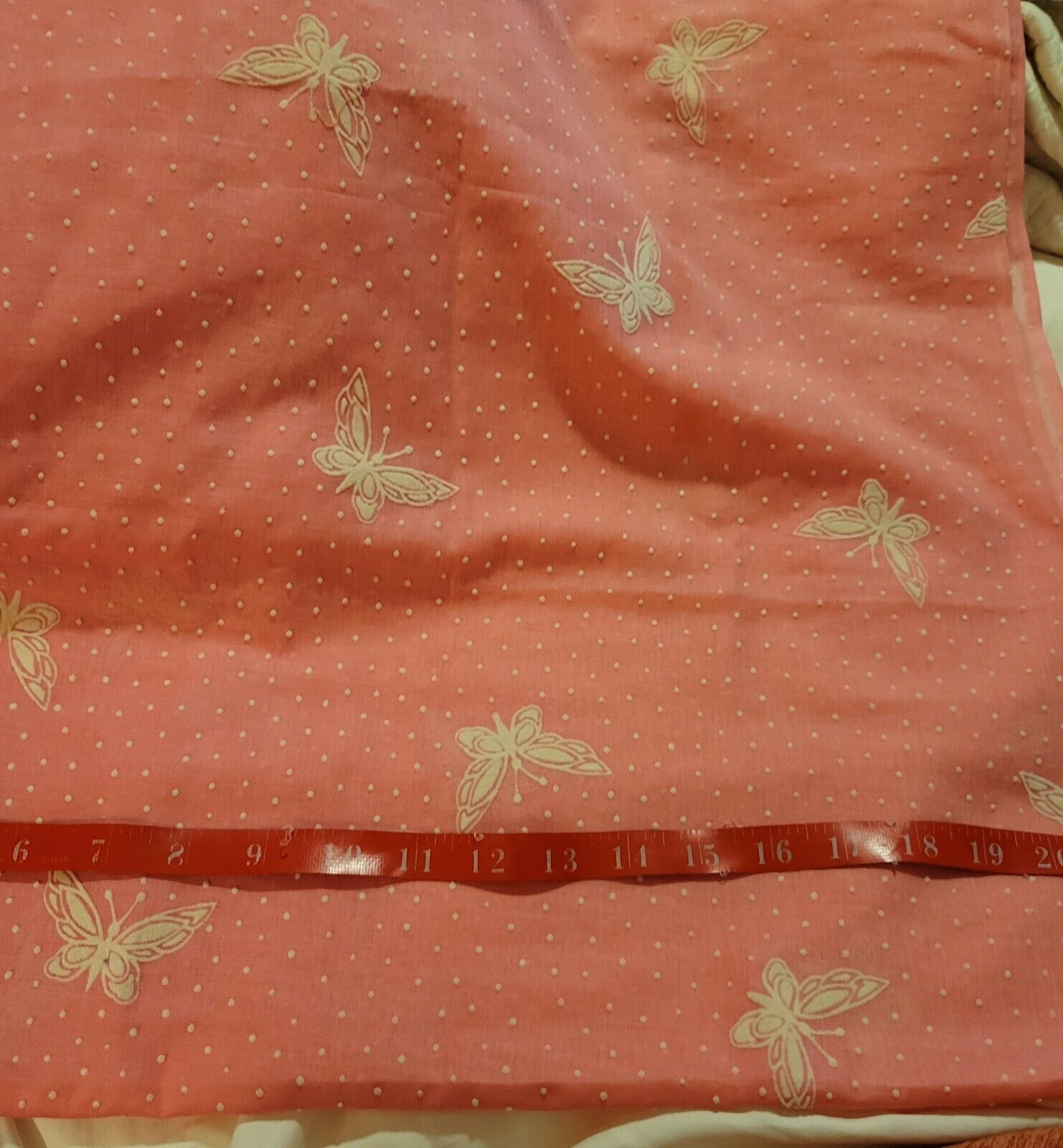 Vintage Semi Sheer Flocked Butterfly Cotton Pink &White