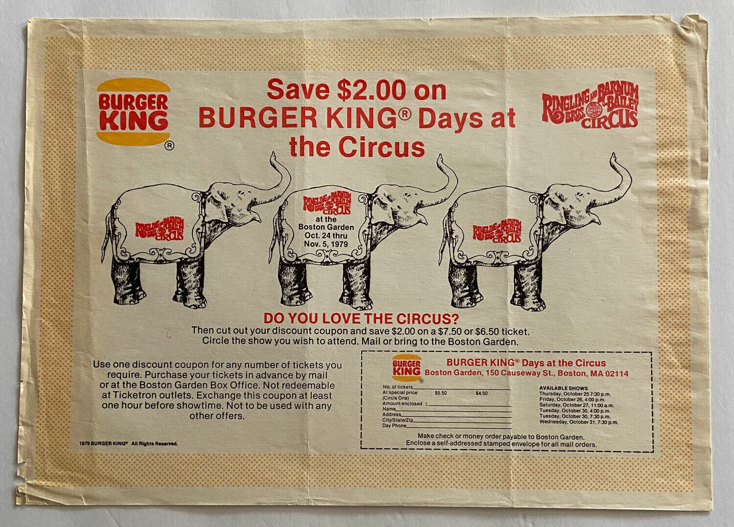Vintage Ringling Brothers Circus 1979 Burger King Placemat Boston
